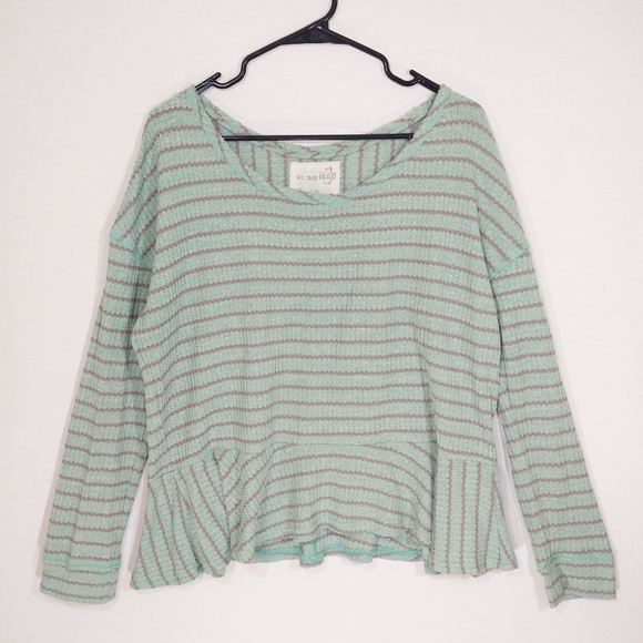 Free People | Auntie Em Mint Green Striped Waffle Knit Peplum Top | Large - Picture 3 of 8